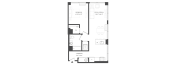 A floor plan of a room with a bedroom, living/dining area, and a corridor.