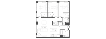 A floor plan of a house with three bedrooms and a living/dining area.