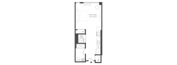 A floor plan of a living area with a kitchen and bathroom.