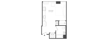 A floor plan of a living area with a kitchen and bathroom.