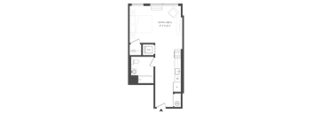 A floor plan of a living area with a kitchen, bathroom, and dining area.