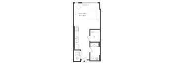 A floor plan of a living area with dimensions and furniture layout.