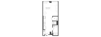 A floor plan of a living area with a kitchen, dining area, and bathroom.