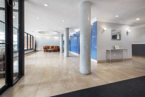 Lobby with three pillars.