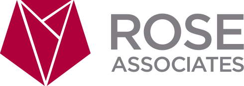 A logo with a red geometric shape and the text "ROSE ASSOCIATES".