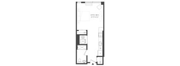 A floor plan of a living area with dimensions and room layout.