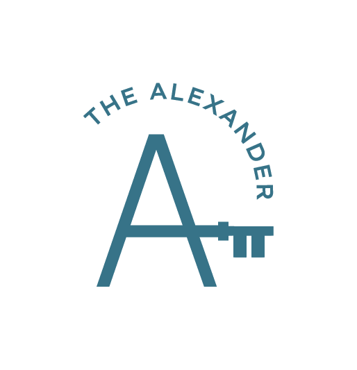 A blue lettered logo with the words "The Alexander" written above it.