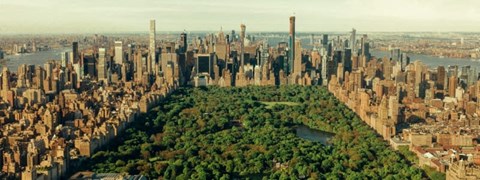 A cityscape with a large green park in the middle.