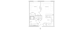 A floor plan of a house with a bedroom, living room, kitchen, bath, and laundry area.