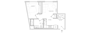A floor plan of a small apartment with a bedroom, living room, kitchen, bathroom, and a reference area.