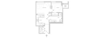 A floor plan of a house with a living room, kitchen, and two bedrooms.