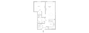 A floor plan of a house with a bedroom, living room, kitchen, and bathroom.
