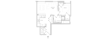 A floor plan of a house with a living room, dining room, kitchen, and bathroom.