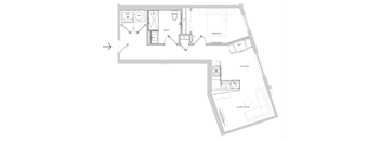 A floor plan of a house with a living room, kitchen, bedrooms and bathrooms.