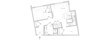 A floor plan of a house with a living room, bedroom, kitchen, bathroom, and den.