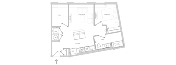 A floor plan of a house with a living room, den, kitchen, and bath.