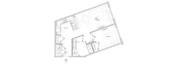 A floor plan of a house with a living room, dining room, kitchen, and bedroom.