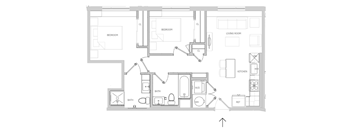 A floor plan of a house with two bedrooms, a living room, a kitchen, a bath, a washer and dryer, and a refrigerator.