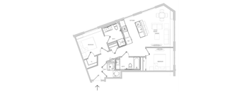 A floor plan of a house with a kitchen, living room, dining room, and three bedrooms.
