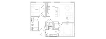 A floor plan of a house with a kitchen, living room, and two bedrooms.