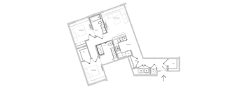 A floor plan of a house with a kitchen, living room, and dining room.