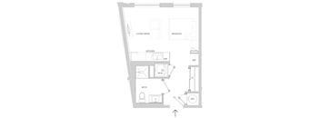 A floor plan of a small apartment with a living room, bedroom, kitchen, bathroom, and laundry area.