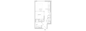 A floor plan of a small apartment with a living room, kitchen, bedroom, bathroom, and a closet.