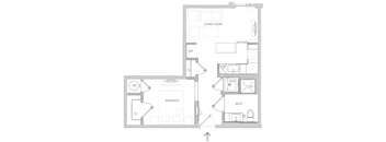 A floor plan of a house with a living room, kitchen, bedroom, bathroom, and a laundry room.