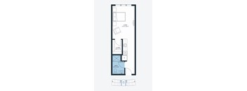 A floor plan of a small apartment with a living area, closet, and bathroom.