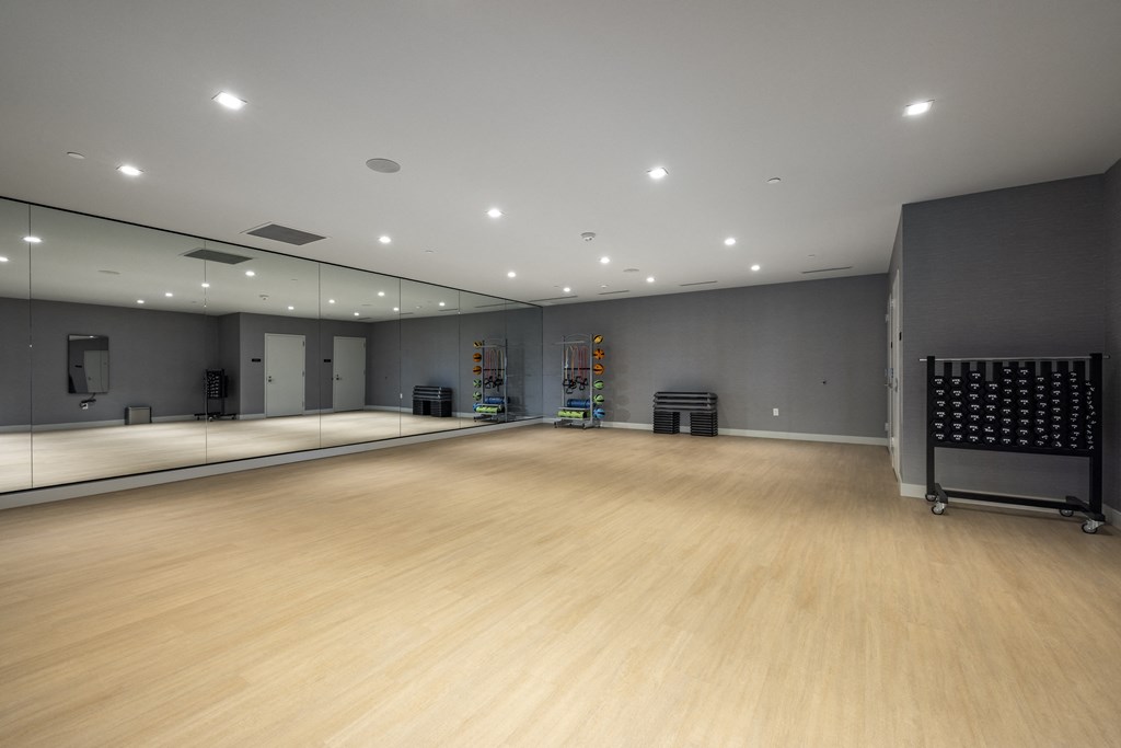 a large dance room with a wooden floor and mirrors on the wall