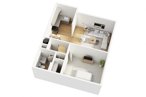 a 3d floor plan of a house with a bedroom and a living room