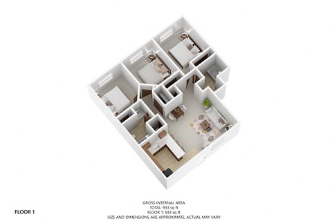 a stylized floor plan of a 2100 square foot apartment
