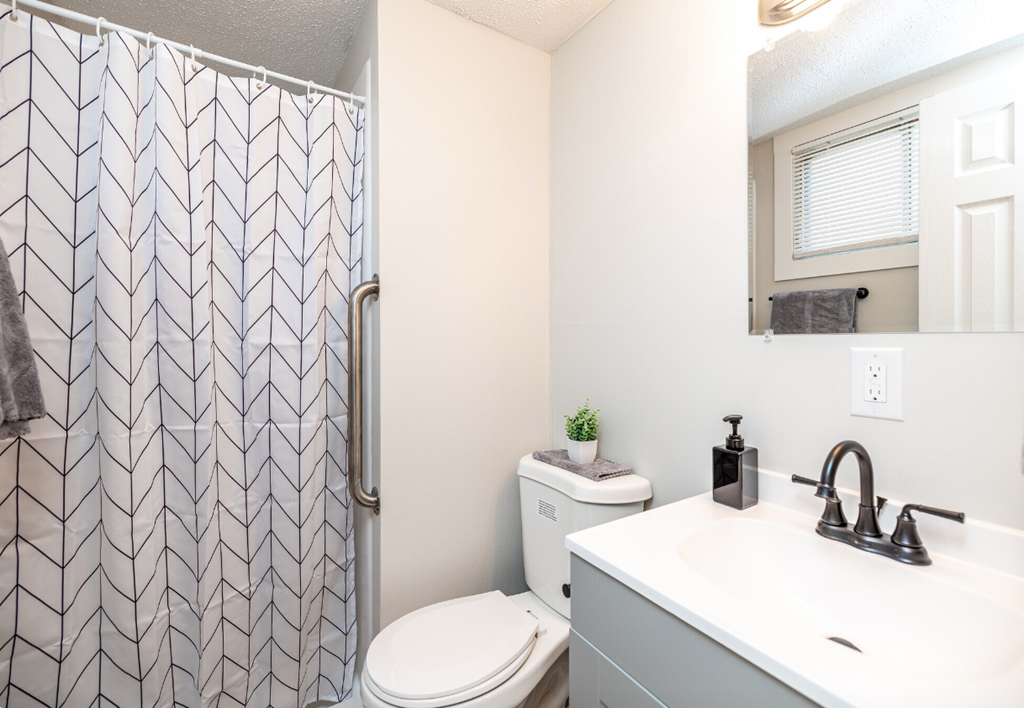 a bathroom with a shower and a toilet and a sink