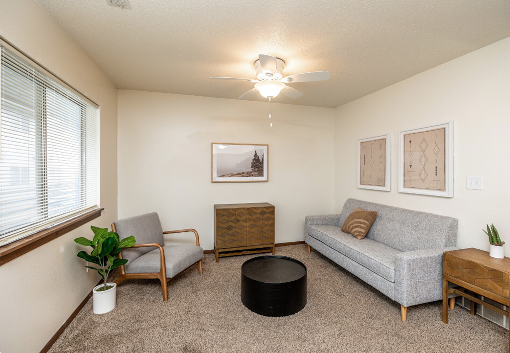 a living room with a couch and a chair and a ceiling fan