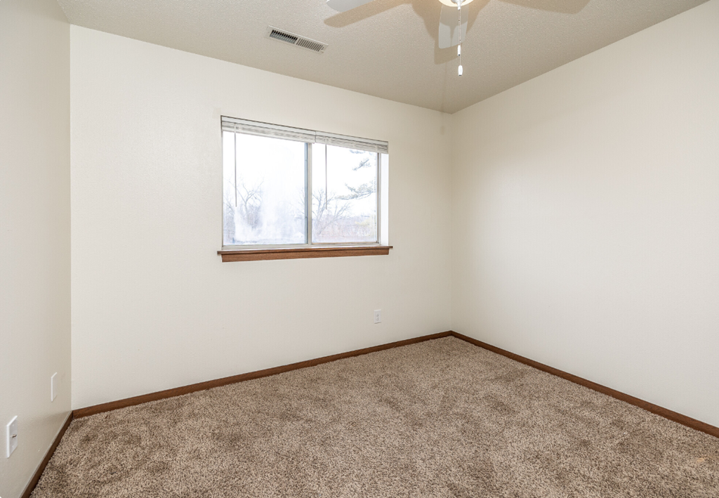 an empty living room with carpet and a window