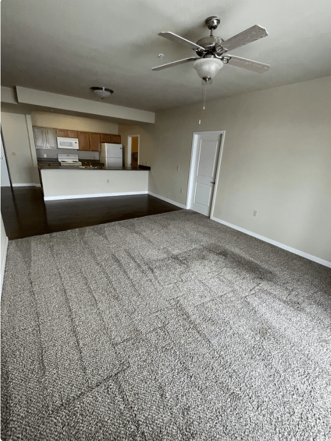 an empty living room with carpet and a ceiling fan