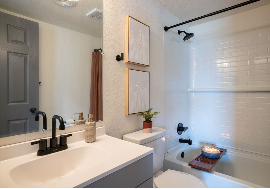 a bathroom with a sink and a toilet and a shower