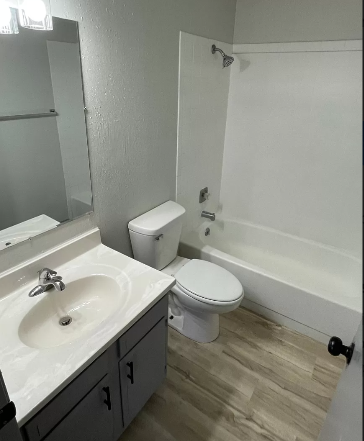 a bathroom with a sink toilet and a bath tub