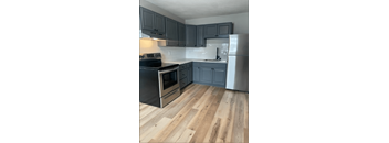 a kitchen with gray cabinets and stainless steel appliances