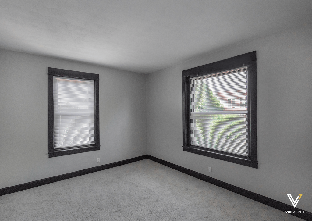 the bedroom has two windows and a carpeted floor