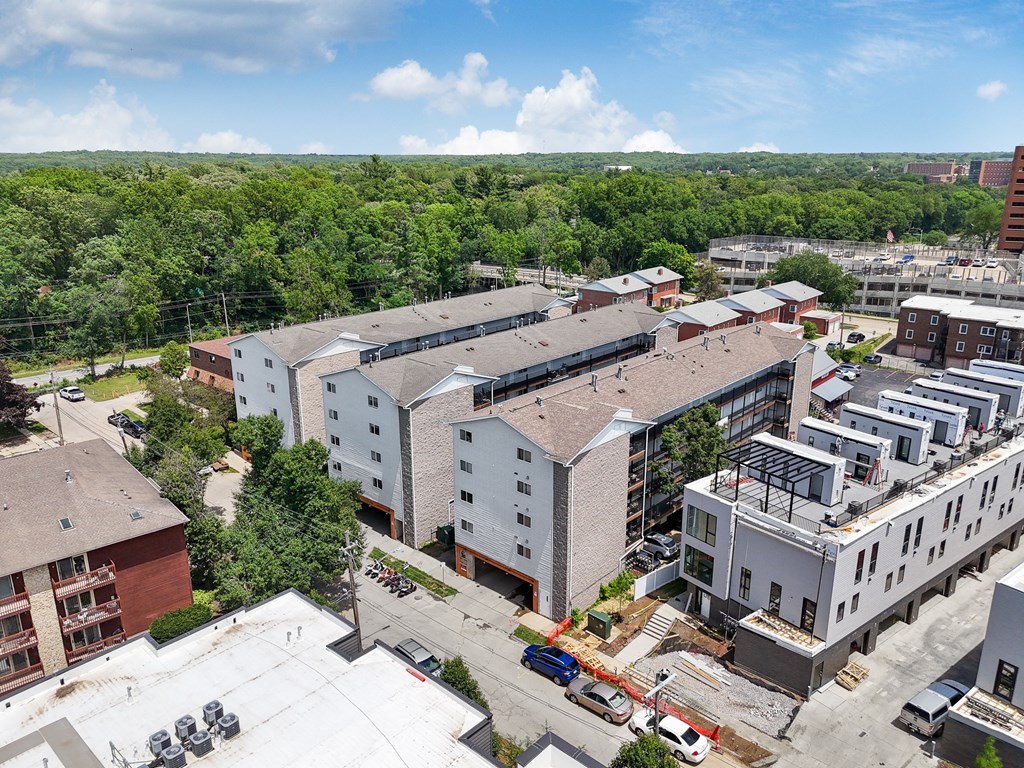 an aerial view of buildings in a city