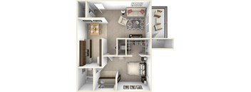 A 3D floor plan of a small apartment with a kitchen, living room, and bedroom.