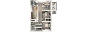 A 3D floor plan of a small apartment with a living room, kitchen, and bedrooms.