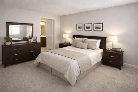 A bedroom with a large bed, a dresser, and a nightstand with a lamp.