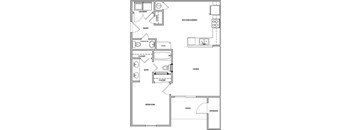 A floor plan of a house with a laundry area, kitchen, dining area, living room, and bedrooms.