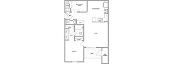 A floor plan of a small apartment with a kitchen, living room, and bedroom.