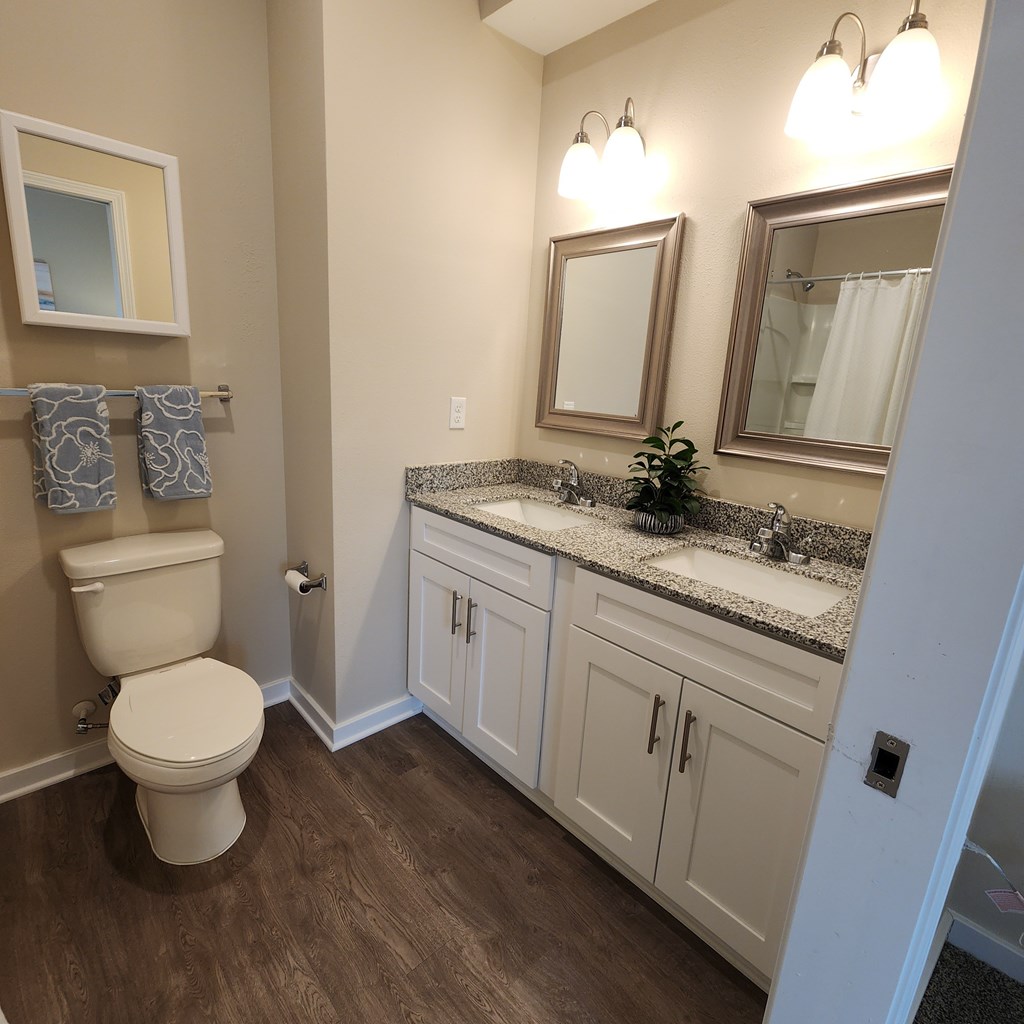 A bathroom with a toilet, sink, and mirror.