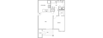 A floor plan of a house with a kitchen, living room, bedroom, and storage.