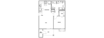 A black and white floor plan of a house with a living room, kitchen, dining room, bedroom, bathroom, and a patio.