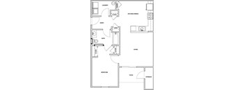A floor plan of a house with a laundry room, kitchen/dining area, bathroom, and bedroom.
